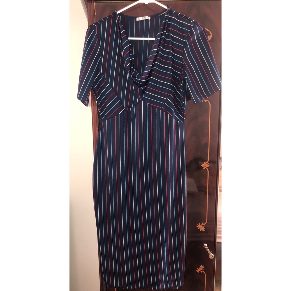 Zara Navy Stripper Cowl Neck Midi Dress